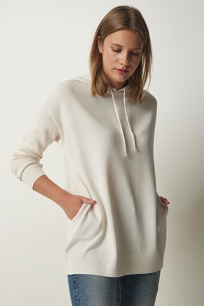 Happiness İstanbul Hanorac cu glugă crem din tricot cu buzunar YU00003