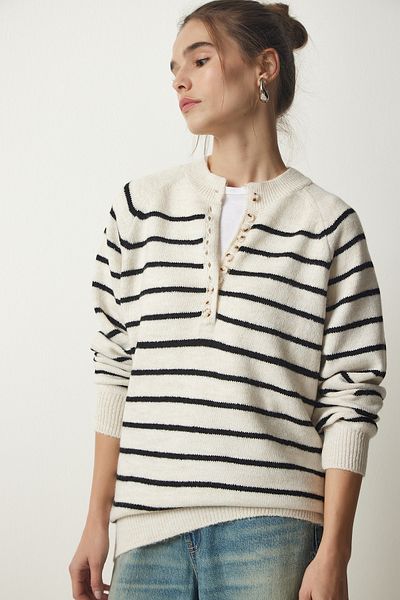 Happiness İstanbul Pulover de damă din tricot cu dungi negru, cu nasturi, cu rever, LX00040