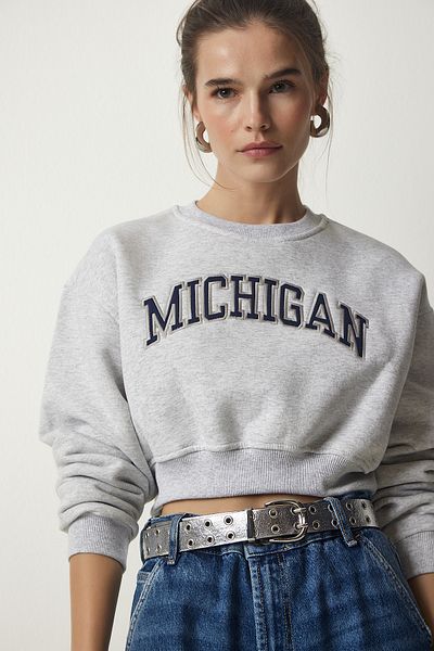 Happiness İstanbul Women's Gray Printed Raised Crop Knitted Sweatshirt HF00443