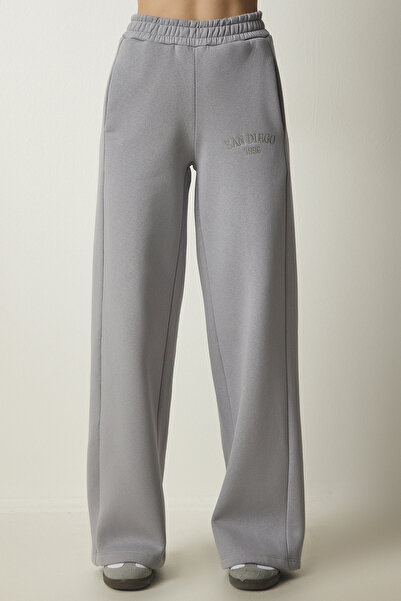 Happiness İstanbul Γυναικείο παντελόνι φούτερ με ίσιο ίσιο ανασηκωμένο γκρι HF00445