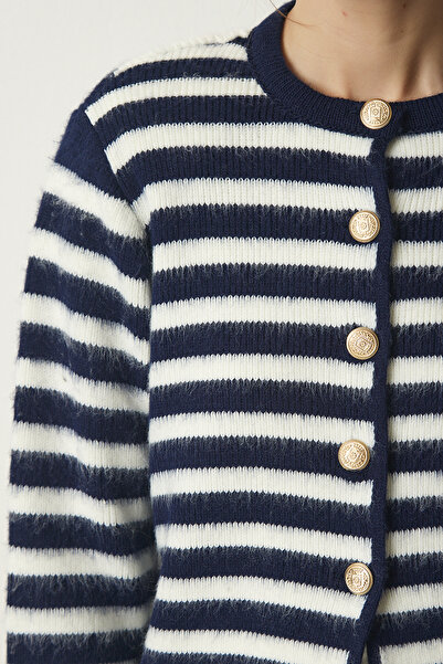 Happiness İstanbul Γυναικεία πλεκτά κουμπιά μπλε ναυτικού με λεπτομερή ριγέ Ζακέτα PF00043
