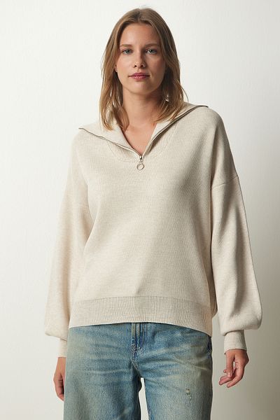 Happiness İstanbul Pulover de damă bej cu fermoar din tricot de bază PF00007