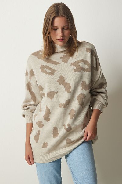Happiness İstanbul Pulover din tricot gros pentru damă, cu model crem, KB00035