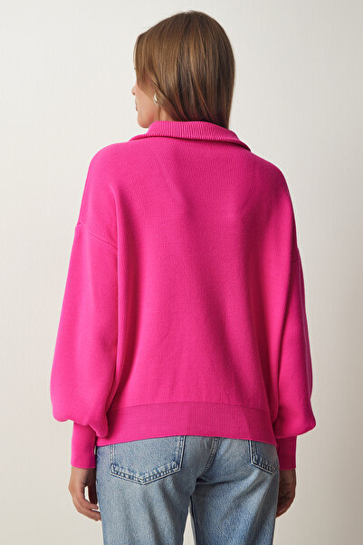 Happiness İstanbul Női fukszia cipzáras gallérral egyszerű kötöttáru pulóver PF00007