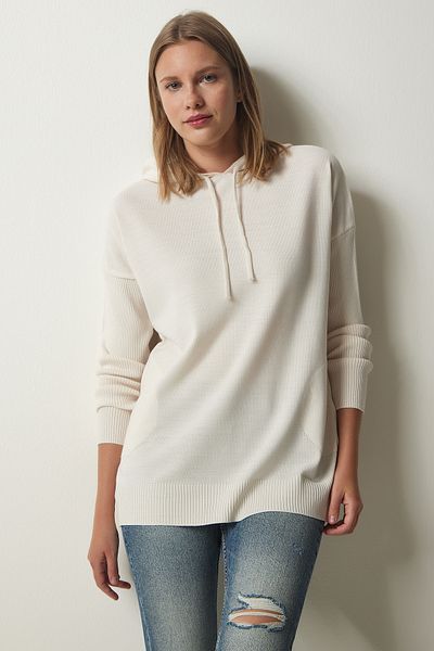 Happiness İstanbul Hanorac cu glugă crem din tricot cu buzunar YU00003