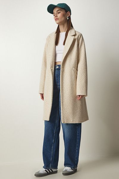 Happiness İstanbul Women's Cream Double-breasted Collar Pocket Boucle Coat DD01273