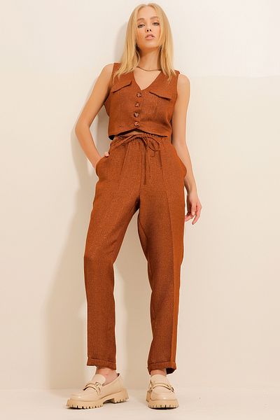 Trend Alaçatı Stili Women's Cinnamon Herringbone Patterned Elastic Waist Double Leg Trousers ALC-X11065