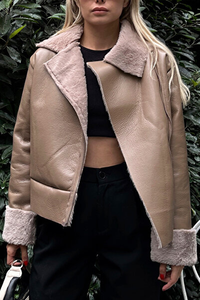 Trend Alaçatı Stili Damen-Mantel aus Nerz-Zweireiher mit Kragen und Pelzfutter und Reißverschluss aus weichem Kunstleder ALC-X11150