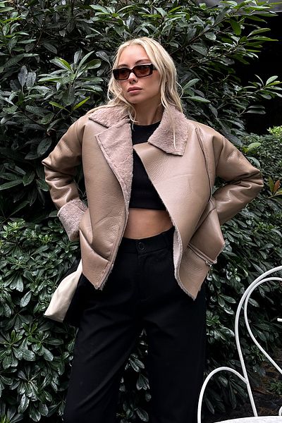 Trend Alaçatı Stili Women's Mink Double Breasted Collar Fur Lined Zipper Soft Faux Leather Coat ALC-X11150