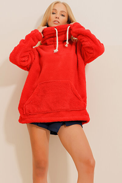 Trend Alaçatı Stili Women's Red Stand Collar Kangaroo Pocket Plush Sweatshirt ALC-X11060