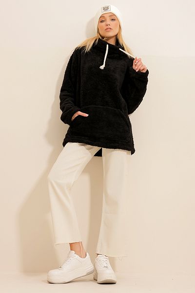 Trend Alaçatı Stili Schwarzes Damen-Plüsch-Sweatshirt mit Stehkragen und Kängurutasche ALC-X11060