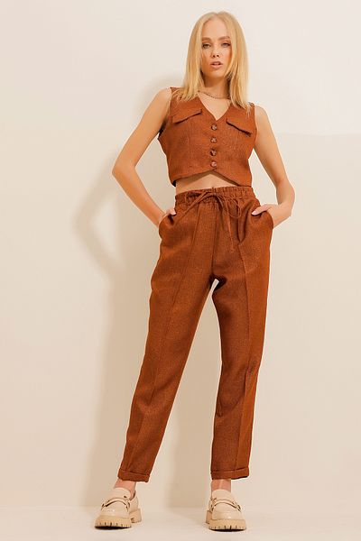 Trend Alaçatı Stili Women's Cinnamon Herringbone Patterned Elastic Waist Double Leg Trousers ALC-X11065