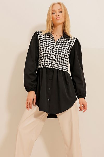 Trend Alaçatı Stili Schwarz-weißes Damen-Hemd aus Popeline mit Hahnentrittmuster und Stempelmix ALC-X11072