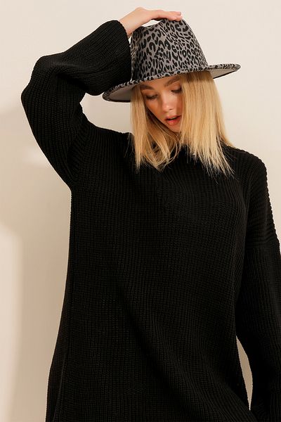 Trend Alaçatı Stili Großer Hut mit Leopardenmuster in Schwarz für Damen ALC-X11155