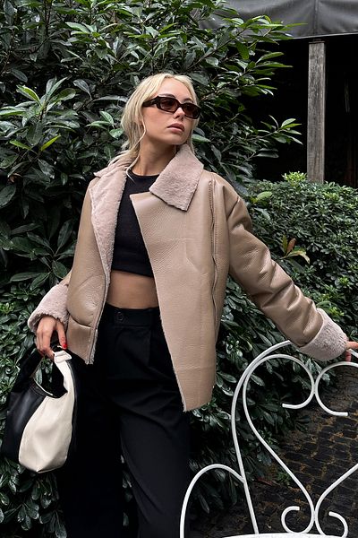 Trend Alaçatı Stili Women's Mink Double Breasted Collar Fur Lined Zipper Soft Faux Leather Coat ALC-X11150