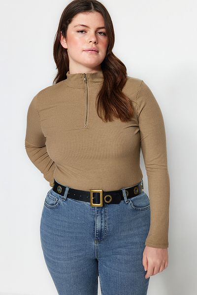 Trendyol Curve Nerzfarbener Cord-Strickbody mit hohem Kragen TBBAW24AF00048