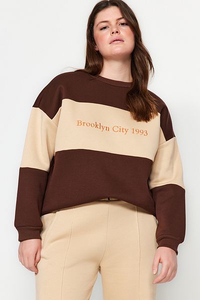 Trendyol Curve Plus Size Fleece Embroidery Knitted Sweatshirt - Brown Tbbaw24Ao00024