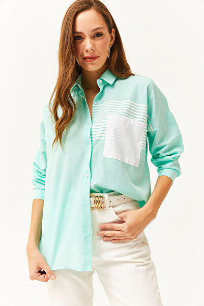 Olalook Dámská vodově zelená detailní oversize tkaná košile GML-19000978
