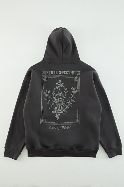 Trendyol Collection Антрацитен суичър с полар с качулка и щампа на цветя - TMNAW24sw00100