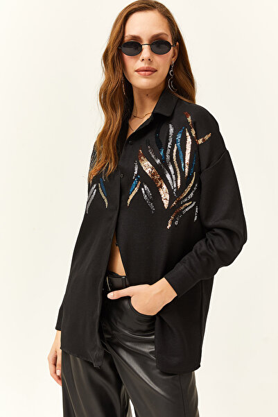 Olalook Kadın Siyah Pul Payetli Yün Efektli Oversize Kışlık Gömlek