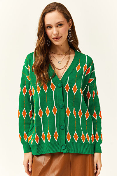 Olalook Women's Grass Green Diamond Patterned Oversize Knitwear Cardigan Hrk- 19000244
