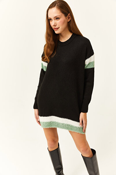 Olalook Kadın Siyah Şerit Detaylı Yumuşak Dokulu Triko Tunik Elbise