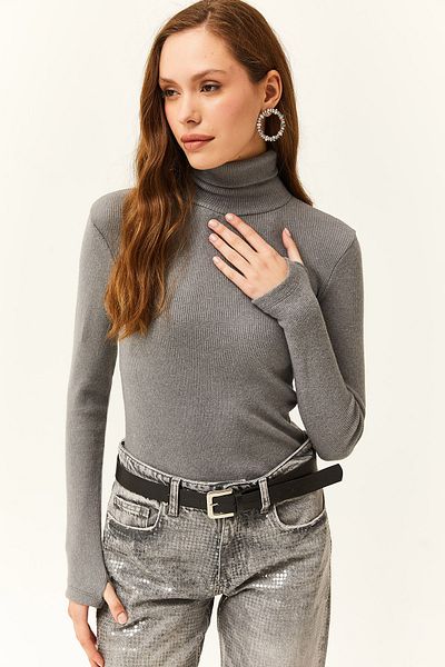 Olalook Women's Smoked Turtleneck Finger Detailed Lycra Blouse