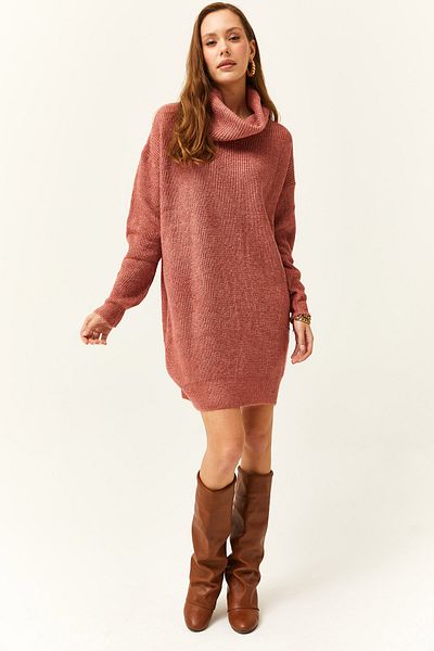 Olalook Damen-Tunikakleid in Dusty Rose mit Rüschenkragen und weicher, strukturierter Strickware