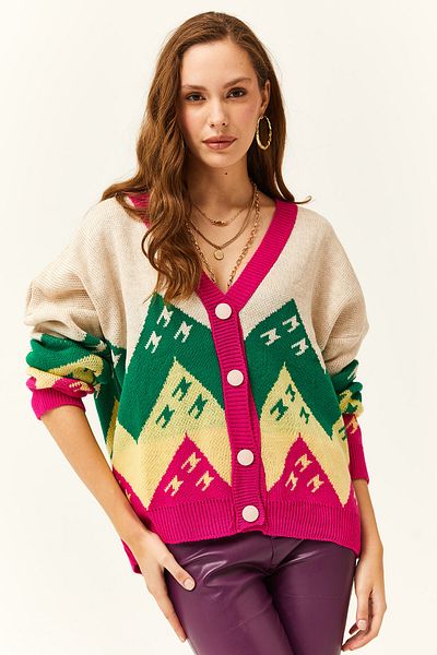 Olalook Women's Ecru Zigzag Patterned Knit Cardigan