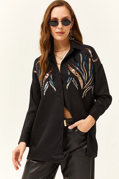 Olalook Dámská černá zimní košile oversize s vlněným efektem