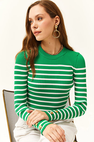 Olalook Γυναικεία Πλεκτή Μπλούζα με κουμπιά με κουμπιά πράσινη φιστικί Αιγίνης Lycra