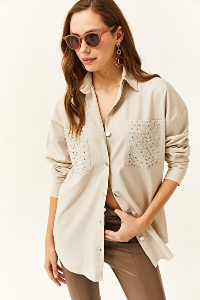 Olalook Women's Stone Pockets Stone Detailed Thin Gabardine Shirt