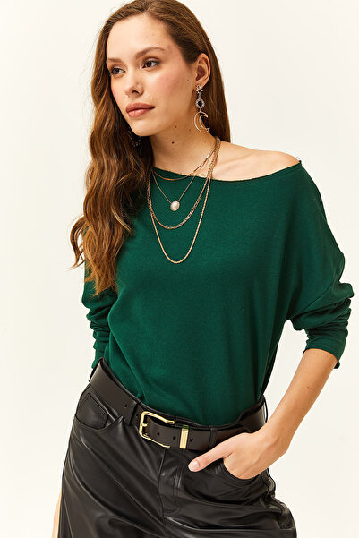 Olalook Dámská tenká, smaragdově zelená mikina s asymetrickým límečkem s potiskem s měkkou texturou