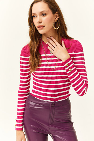 Olalook Women's Fuchsia Striped Buttoned Cuff Lycra Knitwear Blouse