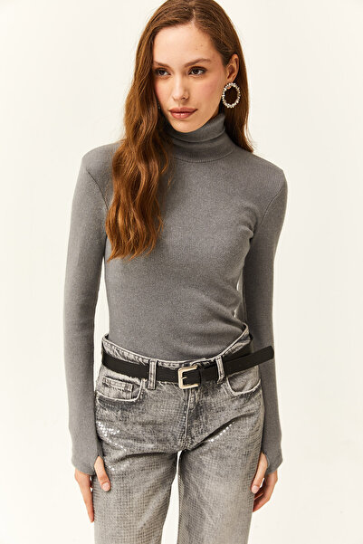 Olalook Kadın Füme Balıkçı Yaka Parmak Detaylı Likralı Bluz