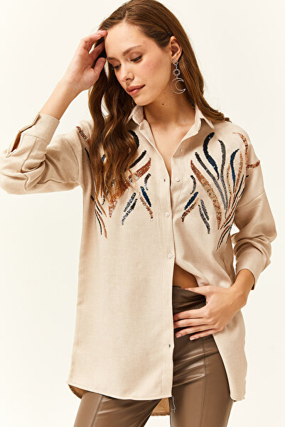 Olalook Kadın Taş Pul Payetli Yün Efektli Oversize Kışlık Gömlek