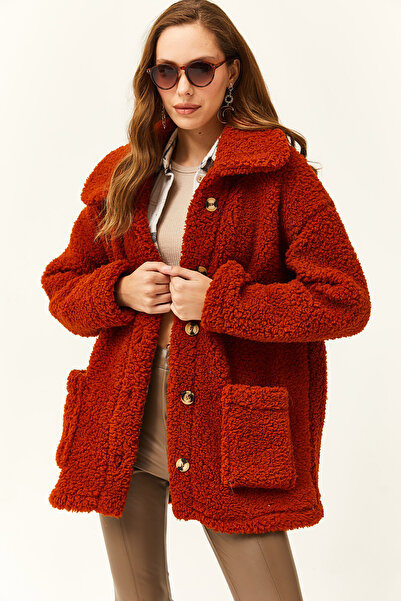 Olalook Kadın Kiremit Düğmeli Cepli Astarsız Oversize Peluş Ceket