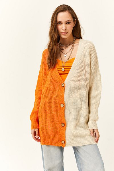Olalook Damen-Strickjacke mit orangefarbener Farbblockierung und weicher Textur in Übergröße HRK- 19000255