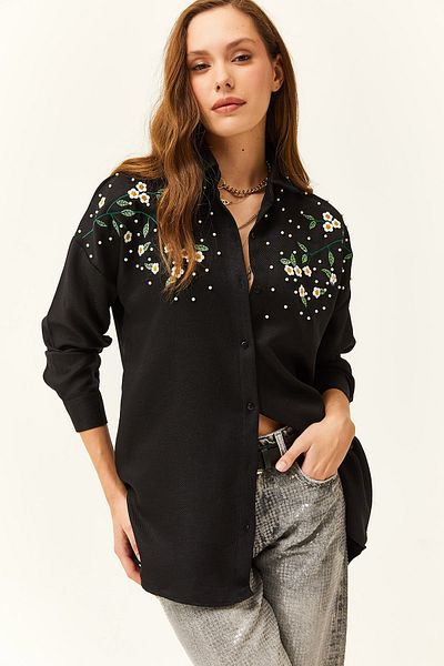 Olalook Dámská zimní košile oversize s černým vyšívaným perleťovým vlněným efektem