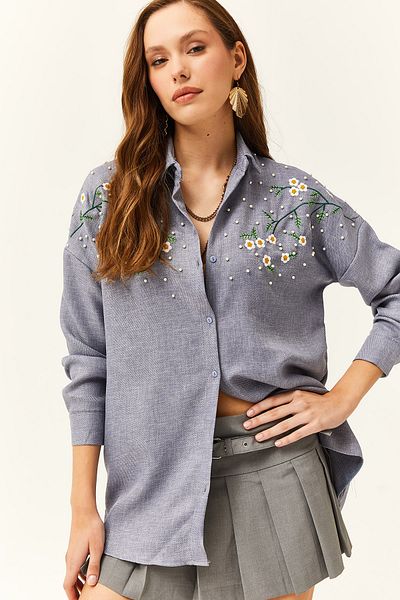 Olalook Cămașă de iarnă oversize cu efect de lână perlata, brodat Indigo