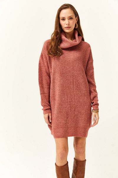 Olalook Damen-Tunikakleid in Dusty Rose mit Rüschenkragen und weicher, strukturierter Strickware