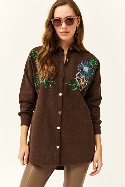 Olalook Dámská květinová hořká hnědá flitrová košile oversize razítka