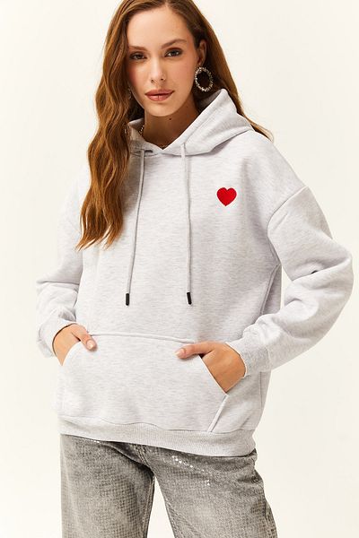 Olalook Γυναικείο φούτερ σε γκρι Melange Heart printed Oversize με φλις εσωτερικά