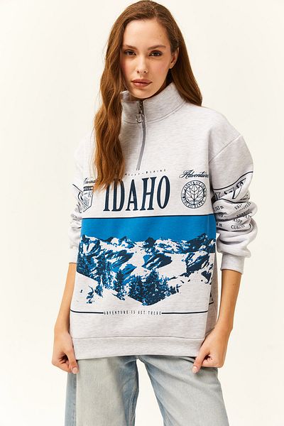 Olalook Γυναικείο φούτερ Oversize με ψηλό γιακά με φερμουάρ σε γκρι μελανζέ