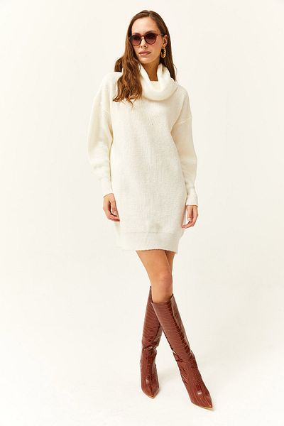 Olalook Women's Ecru Ruffle Collar Soft Textured Knitwear Tunic Dress