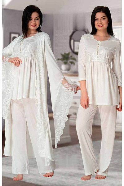 BLACKMORE Women's Ecru Lace Special Design Maternity Maternity Dressing Gown 3-Piece Pajama Set