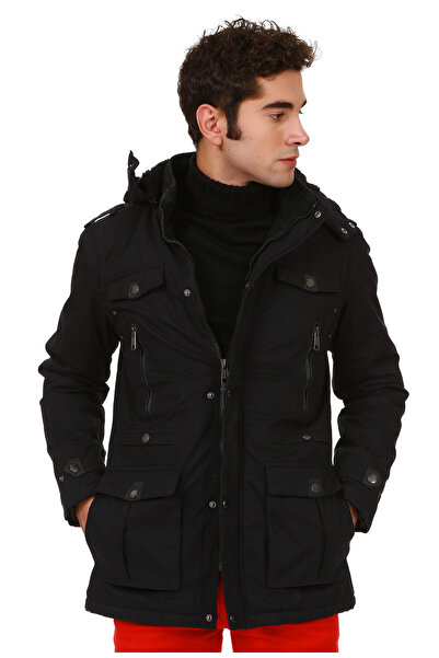Pointback  5610 Siyah Rüzgar Geçirmez Gabardin Parka Mont
