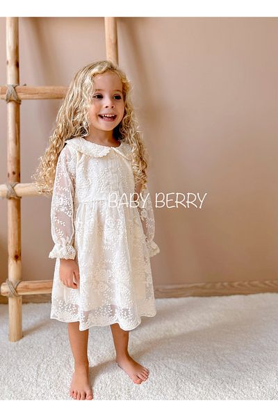 Baby Berry Baby store Baby Girl Child Floral Patterned Bebe Collar Vintage Model Special Day Party Birthday Lace Dress - Ecru