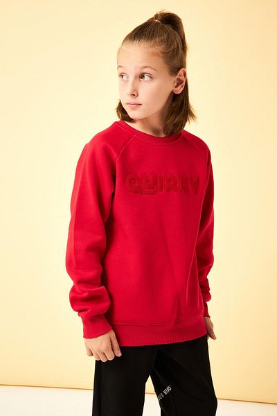 Perendi Unisex Παιδικό φούτερ - Crew Neck, Κέντημα Süzene, Regular Fit, Κόκκινο