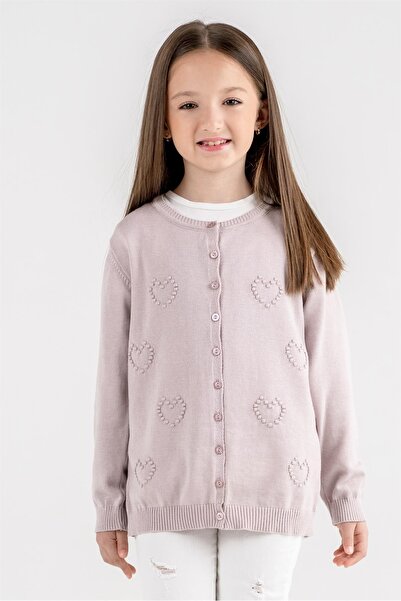 Minora Kız Çocuk Triko Kalp Ponpon Hırka Lila 3-10 yaş